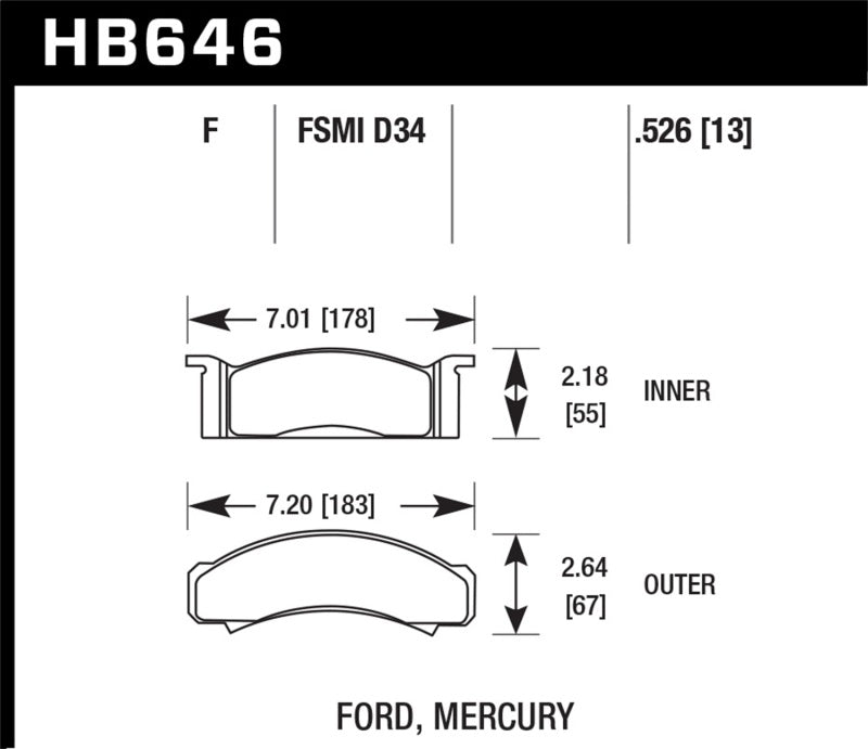 Hawk HB646F.526 68-73 Ford Mustang / 68-71 Torino / 68-71 Montego / 68-73 Cougar HPS Street Front Brake Pads