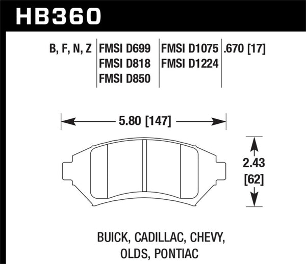 Hawk HB360B.670 97-08 Pontiac Grand Prix / 00-05 Chevrolet Monte Carlo LS/SS HPS 5.0 Street Front Brake Pads