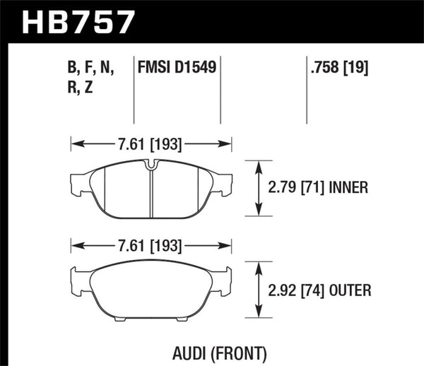 Hawk HB757N.758 Audi 2013 A5 Quattro / 12-16 A6 Quattro/A7 Quattro/A8 Quattro HP Plus Front Brake Pads