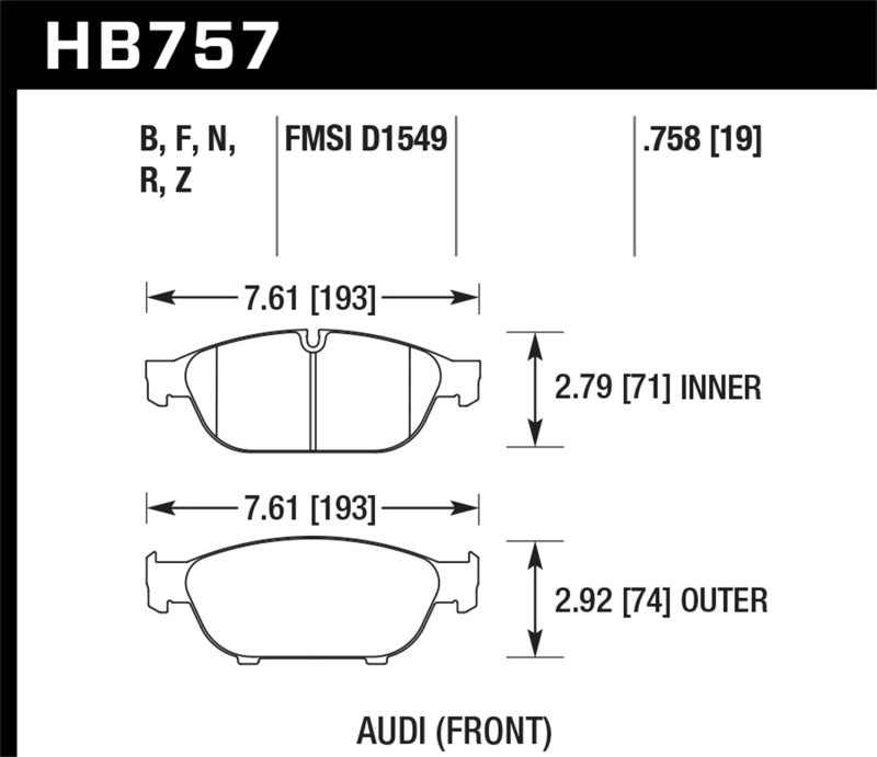 Hawk Audi 2013 A5 Quattro / 12-16 A6 Quattro/A7 Quattro/A8 Quattro HPS Plaquettes de frein avant