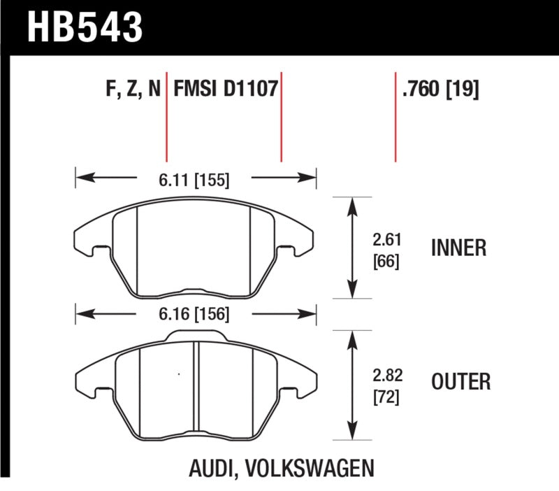 Hawk HB543F.760 Audi A3 Quattro / VW EOS / Golf / Jetta / Passat / Rabbit HPS Front Brake Pads