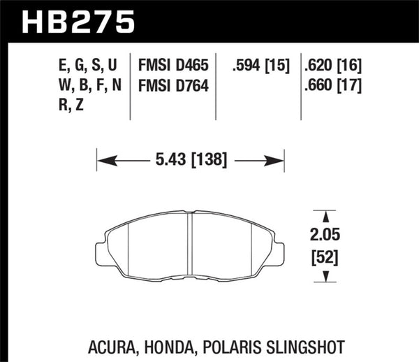 Hawk HB275N.620 98-00 Civic Coupe Si / 01-06 Civic DX EX GX HX LX HP+ Street Front Brake Pads