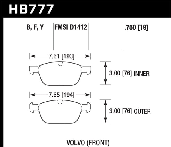 Hawk HB777F.750 10-15 Volvo XC60 / 03-14 Volvo XC90 (w/ 328mm Rotors) HPS Street Front Brake Pads