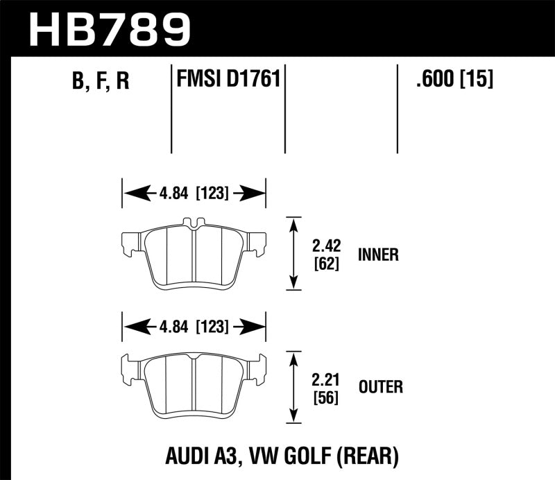 Hawk HB789B.600 15-17 Audi A3/A3 Quattro HPS 5.0 Rear Brake Pads