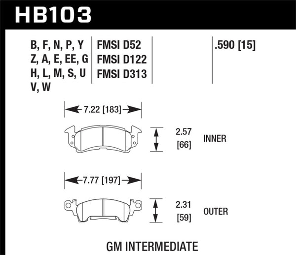 Hawk 76-77 Chevrolet Camaro LT / 72 Camaro Z28 / 69-81 Camaro Super Duty Street Plaquettes de frein avant