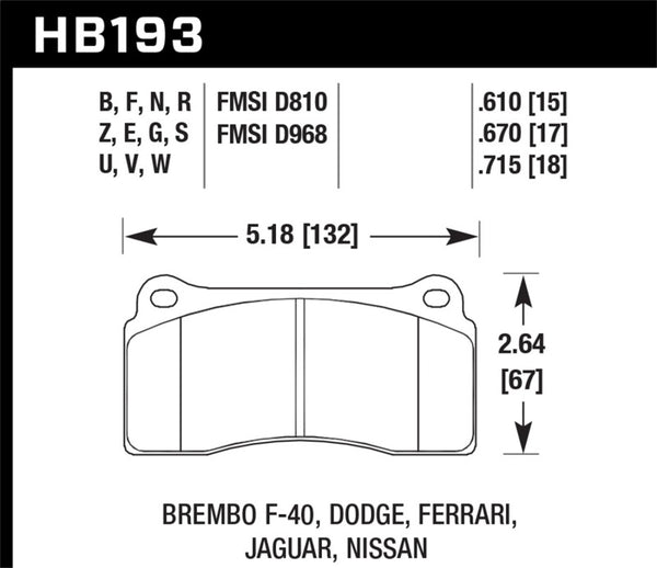 Hawk HB193U.670 Dodge / Ferrari  Front & Rear / Ferrari / Jaguar / Nissan Front DTC-70 Race Brake Pads