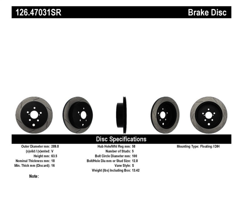 StopTech Power Slot 13 Scion FR-S / 13 Subaru BRZ Rotor rainuré arrière droit